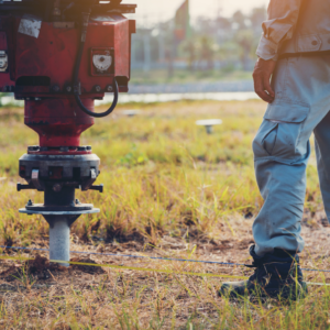 Solar pile driver rental equipment installing steel foundation post